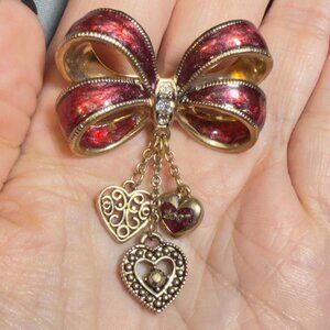 Monet Bow Brooch Red Enamel Heart Dangle Pin 2007 Signed 2.25”